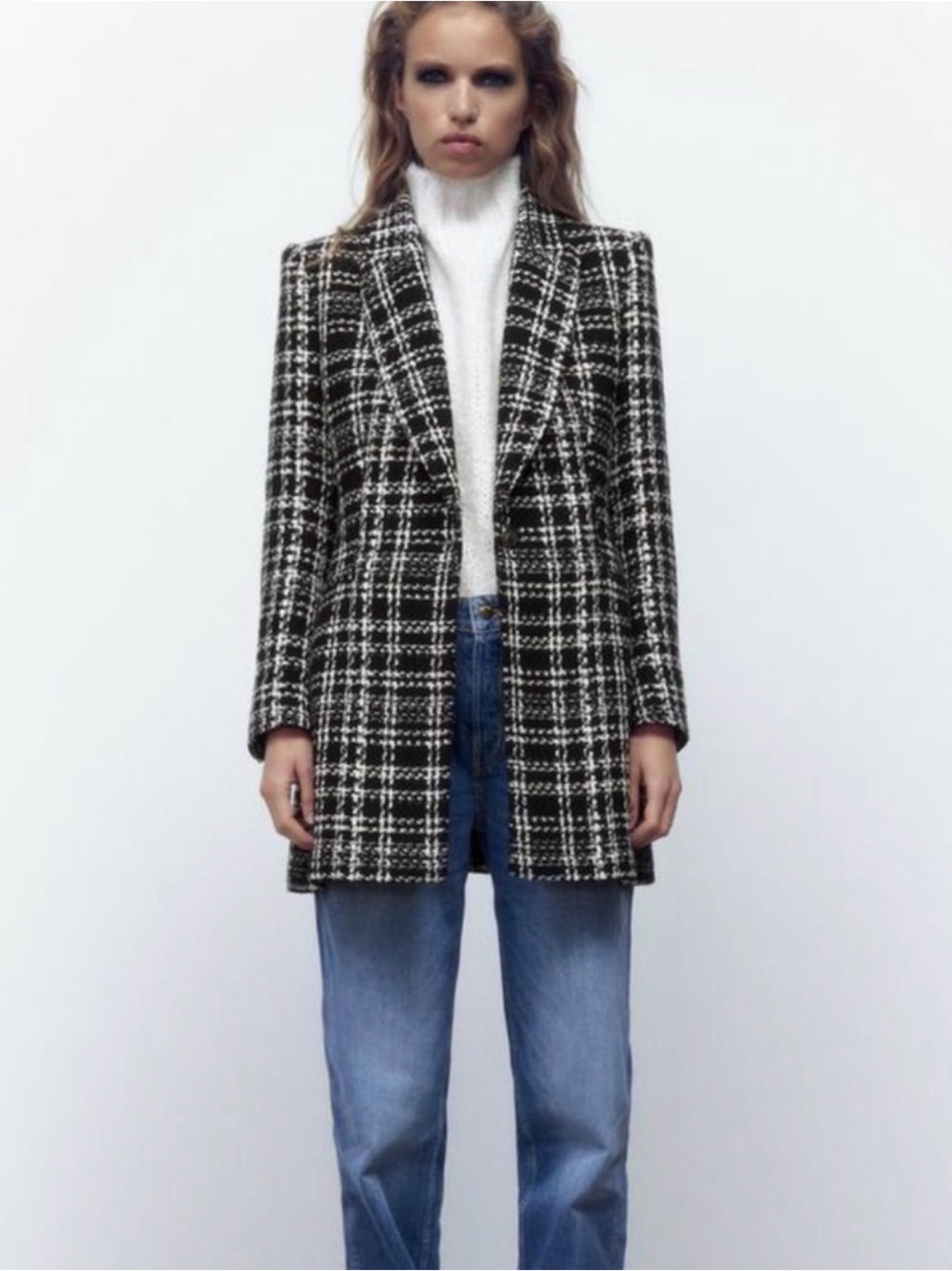 NWT Zara Long Structured Tweed Blazer Black Ecru M